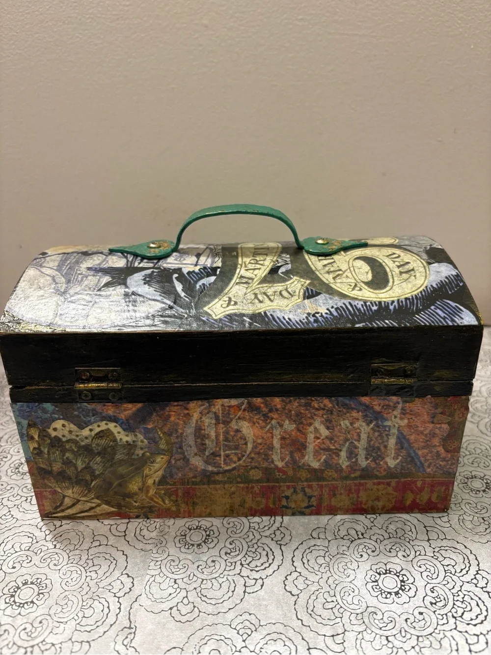 Floral Decoupage Decorative Storage Box with Green Handle